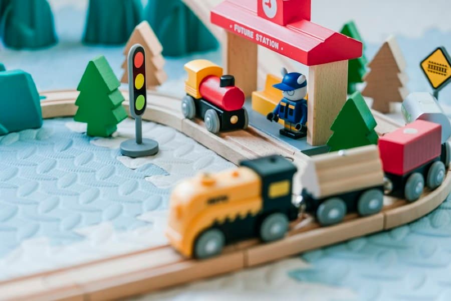 A wooden toy train on a wooden track